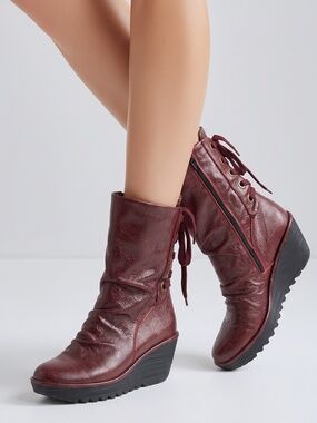 FLY LONDON • Burgundy Leather Lace Up Wedge Mid Calf Boots EU 40 US 9–9.5